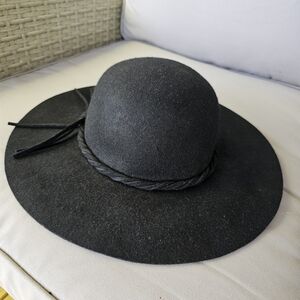 Black Wide Brim Felt Hat with Braided Trim
